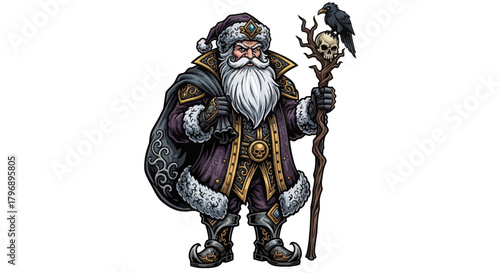 Dark Santa Claus with a skull staff and raven, a unique fantasy twist for your holiday projects and designs with a touch of gothic flair for Christmas