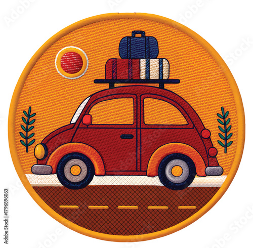 Whimsical red car packed for summer adventure, perfect for travel blogs, vacation promotions, or fun retro designs celebrating road trips and freedom