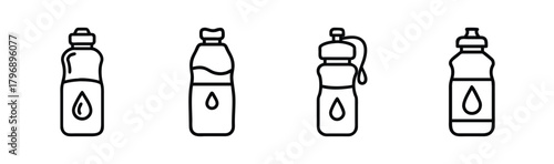 Collection of four hand-drawn style water bottles with drop icons for hydration and fitness