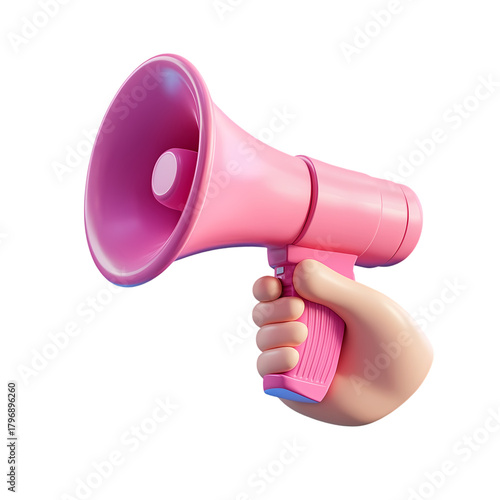A perfect hand holding pink 3D megaphone isolated on transparent background