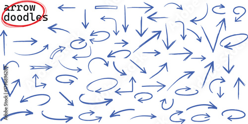 Blue pen arrow collection on checkered paper sheet. Hand drawn crayon various arrows, curved, wavy and straight lines. Direction pointers for notes, doodle and school design. Playful emphasis elements