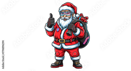 Cool Santa Claus giving thumbs up with a modern neon gift bag ready to deliver joy this holiday season, perfect for festive greetings and seasonal promotions