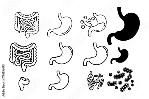 Silhouettes pack of Digestion, intestine, stomach, and probiotics editable stroke outline icons with pure white background