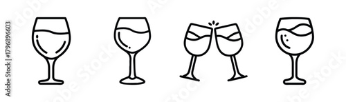 Collection of four distinct wine glasses illustrated with simple lines and liquid contents