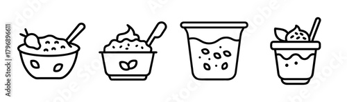 Yogurt granola bowl and cup set line art icons for healthy breakfast and desserts