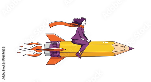 Empowered woman riding a pencil rocket, symbolizing creative journey and business startup vision