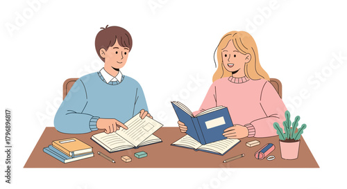 Illustrated collaborative study session with two young students sharing textbooks and notes