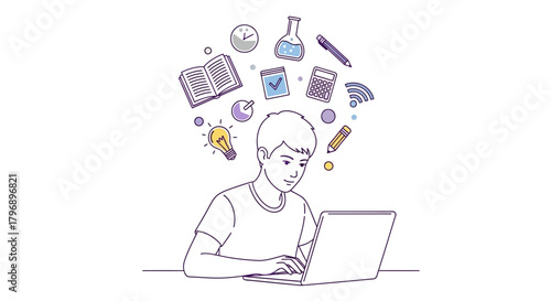 Focused student utilizing laptop for education surrounded by learning icons illustration