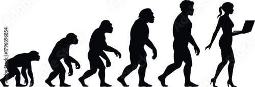 Evolution of human silhouette progressing from primate to modern woman using laptop technology isolated vector development illustration concept