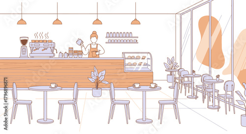 Cozy cafe scene with barista, tables, and modern architectural details creates an inviting vibe