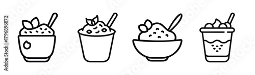 Four simple line art icons of yogurt parfaits and bowls with spoons