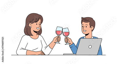 Cheers to Remote Celebrations: A Young Couple Toasting Online with Wine and Technology
