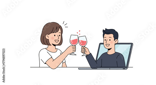 Celebrating from a distance: A couple toasts virtually with red wine over a laptop screen