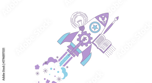 Conceptual rocket launch with educational and creative elements on white background