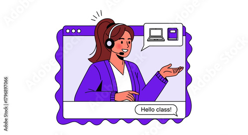Animated virtual tutor presents online lesson to class through a computer screen