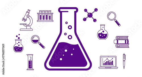 Conceptual illustration depicting scientific research laboratory equipment and exploration tools