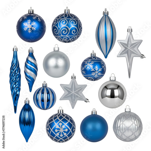 Stunning collection of blue and silver Christmas ornaments brings festive sparkle and elegant holiday cheer to your seasonal decor.