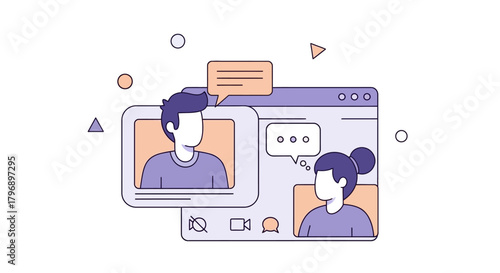 Stylized representation of a virtual meeting with two participants and graphical elements