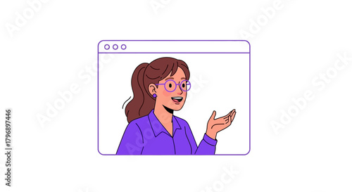 Animated woman in a virtual meeting explaining with her hand gestures and wearing purple clothes