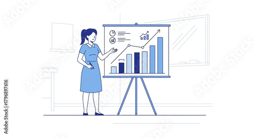 Woman Presenting Business Growth on a Presentation Board with Statistical Data Insights