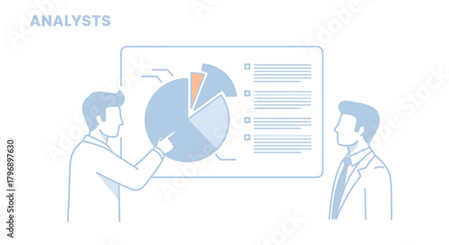 Financial analysts presenting data visualization of pie chart and textual information