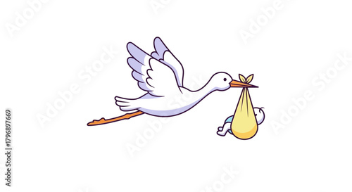 Cartoon illustration of a stork carrying a baby in a cloth delivery concept