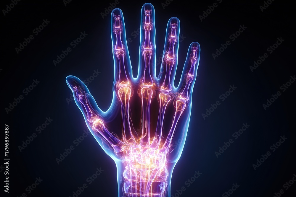 Naklejka premium Luminous human hand xray view with neon bones and pulsing energy glow