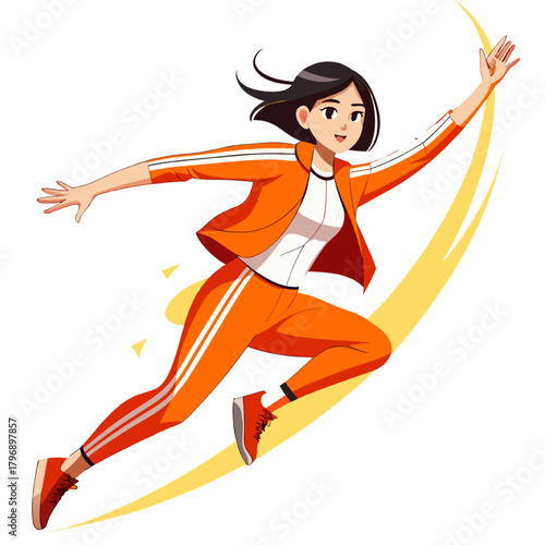 Silhouette black vector illustration of a young woman runner or dancer jumping in the air in action