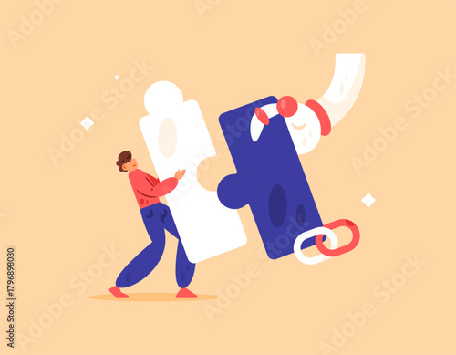Illustration of a man and a robot working together to connect puzzle pieces. Solving problems with technology. The concept of collaboration with artificial intelligence or AI. Flat design style