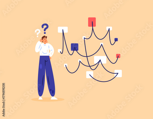 Illustration of a male employee or worker confused about multitasking. Making plans and strategies. Completing work and business tasks. Planning concept. Flat style design. Orange background.