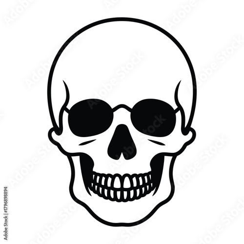 A cartoon skull wearing sunglasses the skull is white with black sunglasses and a black outline the skull has a full set of teeth