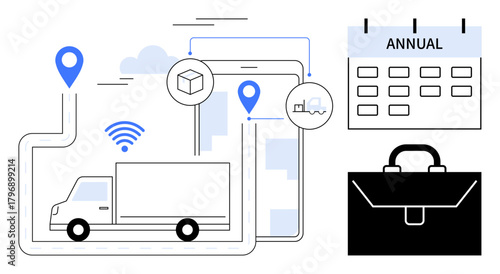 Delivery truck with location pins, wireless signals, and box icons on a digital map beside a calendar and briefcase. Ideal for logistics, planning, tracking, transportation, business strategy, supply