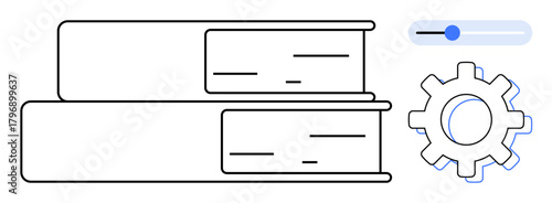 Stacked books with a gear icon and adjustable slider represent knowledge, customization, and innovation. Ideal for education, learning, settings, research, customization, knowledge sharing