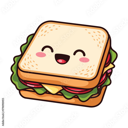 A delightful cartoon sandwich with a cheerful expression, featuring fresh lettuce, savory ham, and melted cheese