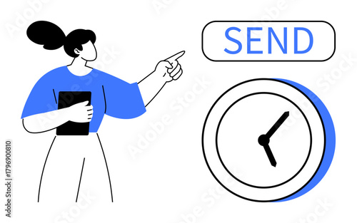 Woman holding tablet while pointing to SEND button next to a clock icon. Ideal for communication, deadlines, project management, time management, urgency, efficiency, and notifications. Simple flat
