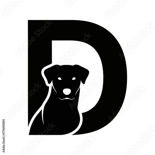 Vector graphic of a dog silhouette inside the capital letter D, a simple and modern monogram logo concept
