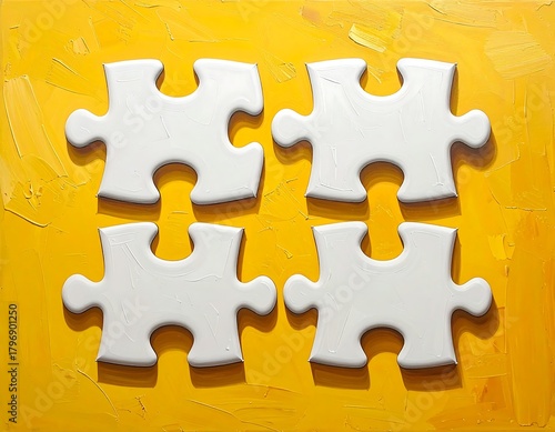 Four white puzzle pieces sit atop a textured, yellow background
