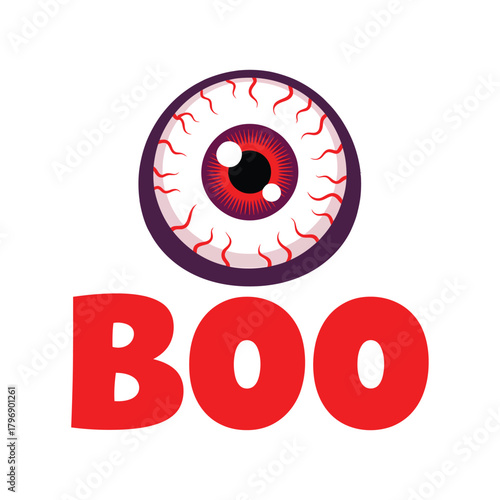 Creepy eyeball with the word boo spooky halloween illustration with scary eye and text for holiday design