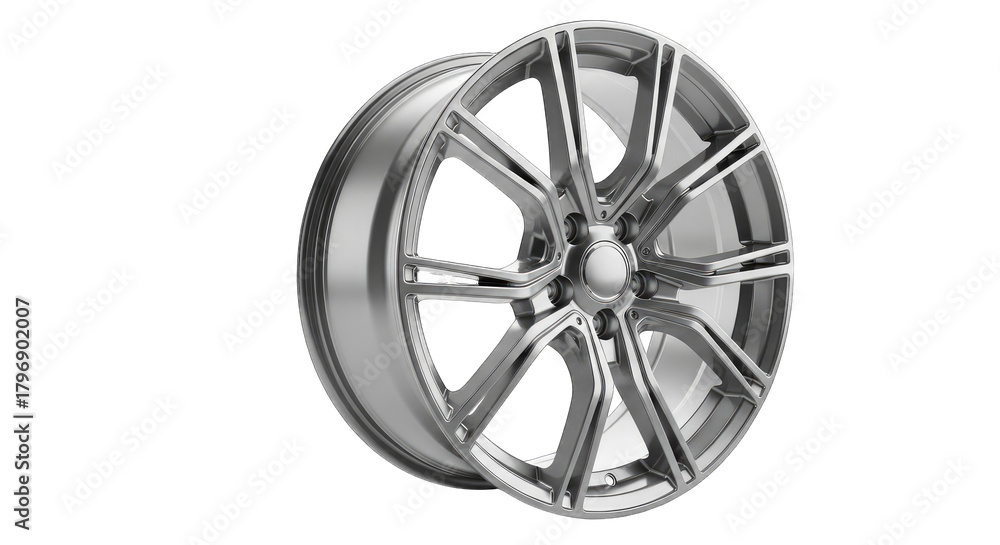 Fototapeta premium Shiny Silver Alloy Wheel with Complex Spoke Design and Metallic Finish Isolated on Black Background Reflecting Light for Automotive Application