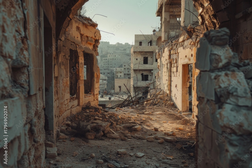 Obraz premium Many destroyed buildings in brown landscape after war times. Neural network ai generated art