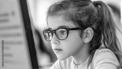 School-aged kid studying, looking serious