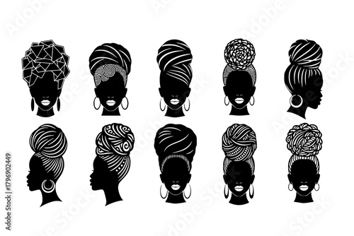 Set of silhouette afro girl. Collection of black woman face with stylized hairstyle. Vector illustration of girl head with stylized haircut.
