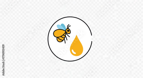 Bee and Honey Drop Illustration Inside Circle Symbolizing Sweetness.
