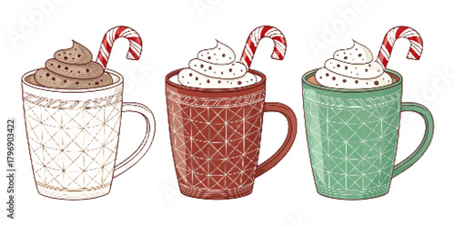 Christmas Hot Chocolate Mug Vector Set Flat Design Illustration – Detailed, Outline, and Geometric Styles, Festive Holiday Clipart PNG

