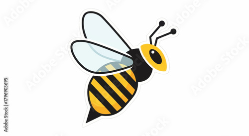 Cute Cartoon Bee Flying with Transparent Wings and Yellow Black Stripes.