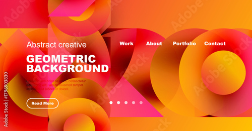 Vibrant geometric background features orange, red hues. Website navigation includes work, about, portfolio, contact options.