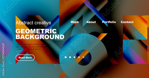 Vibrant website mockup displays geometric shapes, text overlays, navigation menu. Modern design promotes creativity, portfolio access.