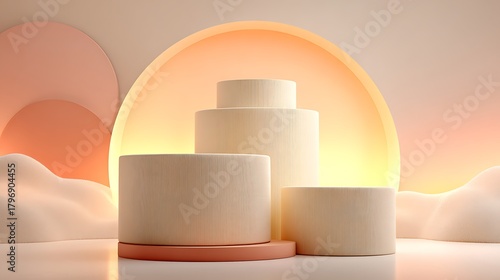 Abstract 3d rendering: textured cream podiums with warm arch light