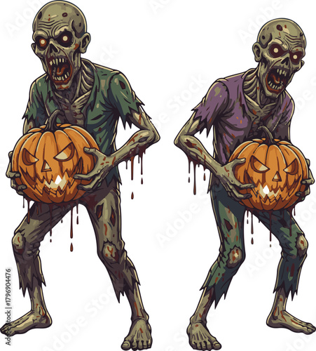 Full Body Red-Eyed Zombies with Bloody Pumpkins Vector