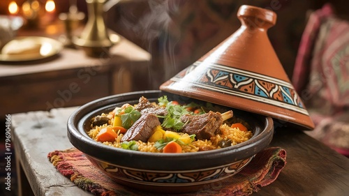 Delicious traditional moroccan lamb tagine seen from above